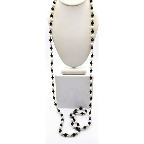 Vintage Super Long Strand of Black and White Beads with Gold Tone Spacers, Flapp - Picture 1 of 5